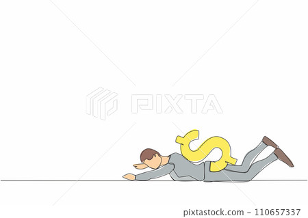 Continuous one line drawing depressed businessman under heavy dollar symbol burden. Overloaded worker, difficult burden and debt pressure. Economic crisis. Single line draw design vector illustration 110657337