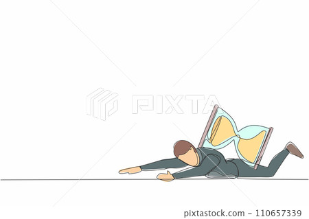 Single continuous line drawing of depressed businessman under heavy hourglass burden. Unhappy office clerk has time management problems. Work overload. One line draw graphic design vector illustration 110657339
