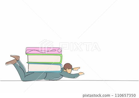 Single continuous line drawing depressed businessman under heavy stack paper and folder burden. Paperwork stress pressure metaphor. Office worker overworked with paperwork. One line draw design vector Single continuous line drawing depressed businessman under heavy stack paper and folder burden. Paperwork stress pressure metaphor. Office worker overworked with paperwork. One line draw design vector 110657350