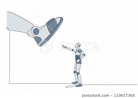 Single continuous line drawing robot facing against giant shoes stomping. Robot pointing against giant foot step. Modern robotic artificial intelligence. One line graphic design vector illustration Single continuous line drawing robot facing against giant shoes stomping. Robot pointing against giant foot step. Modern robotic artificial intelligence. One line graphic design vector illustration 110657368