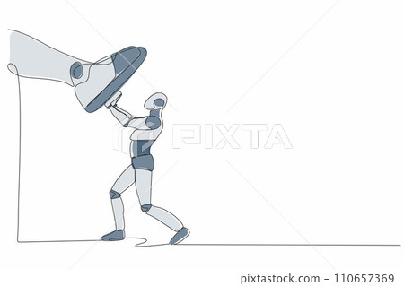 Single one line drawing robot against giant shoes stomping. Robot push against giant foot step. Future technology development. Artificial intelligence. Continuous line draw design vector illustration Single one line drawing robot against giant shoes stomping. Robot push against giant foot step. Future technology development. Artificial intelligence. Continuous line draw design vector illustration 110657369