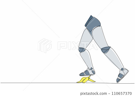 Continuous one line drawing of unlucky robot leg step on banana peel. Imminent danger, banana peel under robot foot. Humanoid robot cybernetic organism. Single line design vector graphic illustration Continuous one line drawing of unlucky robot leg step on banana peel. Imminent danger, banana peel under robot foot. Humanoid robot cybernetic organism. Single line design vector graphic illustration 110657370