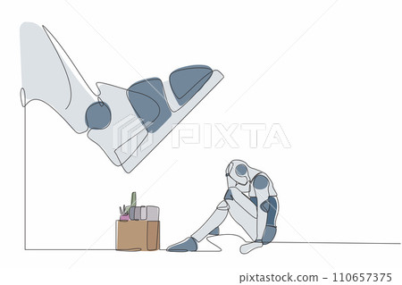 Single continuous line drawing robot sitting on the floor near office supplies under big foot stomp. Unemployment, dismissal. Robotic artificial intelligence. One line draw design vector illustration 110657375
