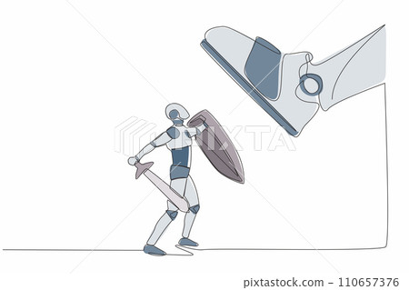 Single one line drawing of robot fight to giant foot with shield and sword. Robot against boss big shoe stomp. Future technology development. Continuous line draw design graphic vector illustration 110657376