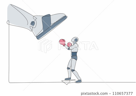 Single one line drawing robot punching uppercut under big foot stomp. Robot against authoritarian or anger boss. Future technology development. Continuous line draw design graphic vector illustration 110657377