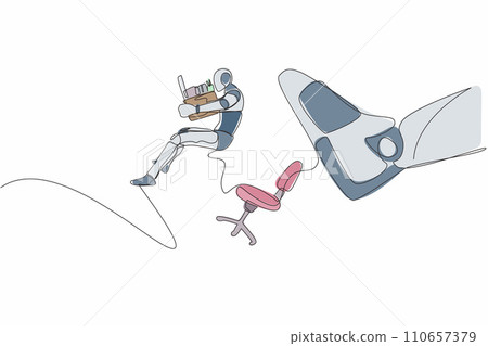 Single continuous line drawing robot kicked out of work with office supplies. Tech reduction. Robotic artificial intelligence. Electronic technology industry. One line draw design vector illustration 110657379