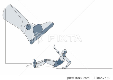 Continuous one line drawing robot under giant foot. Big boss foot in the shoe going to crush tech. Humanoid robot cybernetic organism. Future robotic. Single line design vector graphic illustration Continuous one line drawing robot under giant foot. Big boss foot in the shoe going to crush tech. Humanoid robot cybernetic organism. Future robotic. Single line design vector graphic illustration 110657380