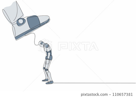 Single one line drawing robot standing weak under huge boot shoe, being fired from company. Future technology development. Artificial intelligence. Continuous line design graphic vector illustration 110657381