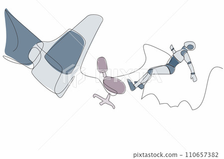 Continuous one line drawing of robot kicked out by big foot from chair. Staff reduction. Humanoid cybernetic organism. Future robotic development. Single line draw design vector graphic illustration Continuous one line drawing of robot kicked out by big foot from chair. Staff reduction. Humanoid cybernetic organism. Future robotic development. Single line draw design vector graphic illustration 110657382