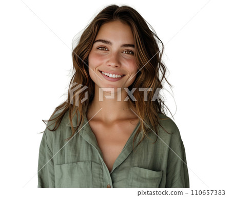 a smiling woman holding a green shirt with brown hair woman with skin 110657383