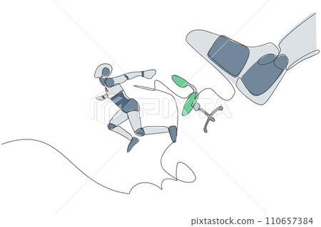 Continuous one line drawing small robot kicked out by big foot. Robot kicked away from chair by giant feet. Humanoid robotic cybernetic organism. Single line draw design vector graphic illustration Continuous one line drawing small robot kicked out by big foot. Robot kicked away from chair by giant feet. Humanoid robotic cybernetic organism. Single line draw design vector graphic illustration 110657384
