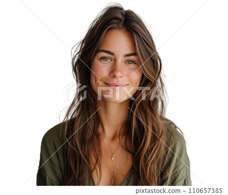 a smiling woman holding a green shirt with brown hair woman with skin a smiling woman holding a green shirt with brown hair woman with skin 110657385