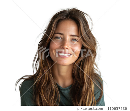 a smiling woman holding a green shirt with brown hair woman with skin a smiling woman holding a green shirt with brown hair woman with skin 110657386