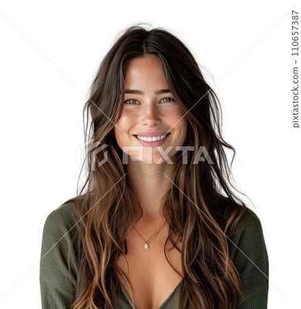 a smiling woman holding a green shirt with brown hair woman with skin 110657387