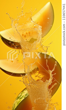 Melon in splashes of water and melon juice on a yellow background Melon in splashes of water and melon juice on a yellow background 110657441