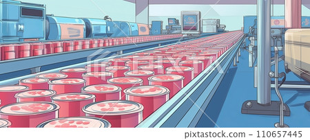 Illustration of a canning factory, cans with contents moving along a conveyor belt for labeling and marking Illustration of a canning factory, cans with contents moving along a conveyor belt for labeling and marking 110657445