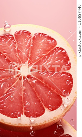Grapefruit in a splash of water and grapefruit juice on a pink background 110657446