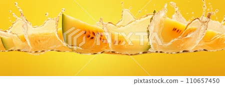 Melon in splashes of water and melon juice on a yellow background, banner Melon in splashes of water and melon juice on a yellow background, banner 110657450