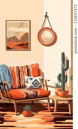 The living room in the house with large windows and decorated in Boho style, cozy home interiors, illustration The living room in the house with large windows and decorated in Boho style, cozy home interiors, illustration 110657472