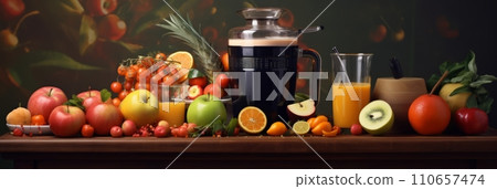 Mixer blender with fresh fruit on the table, making juice and smoothies from seasonal fresh fruit, banner, healthy drink and lifestyle 110657474