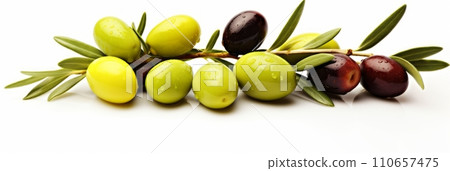 Fresh olives with leaves close-up on white background, banner Fresh olives with leaves close-up on white background, banner 110657475