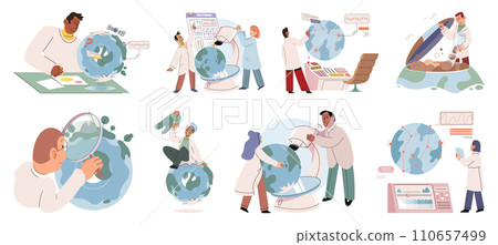 Scientific research. Vector illustration. Examining data collected during experiments helps draw meaningful conclusions Analyzing research findings allows for deeper understanding scientific phenomena Scientific research. Vector illustration. Examining data collected during experiments helps draw meaningful conclusions Analyzing research findings allows for deeper understanding scientific phenomena 110657499