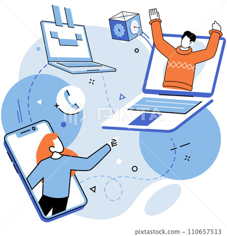 Online team vector illustration. Technology served as backbone virtual collaboration The online team metaphor represented synergy achieved by working together The webinar provided platform 110657513