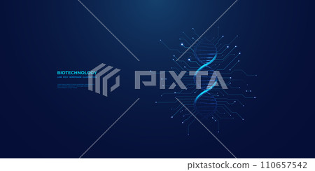 DNA double helix in light blue on technology background with circuit 110657542