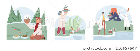 Scientific research. Vector illustration. Genetic research focuses on studying role genes in various biological processes Clinical research aims to evaluate effectiveness and safety medical treatments 110657607