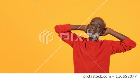 Relaxed and content senior man in a red sweater, with hands behind his head Relaxed and content senior man in a red sweater, with hands behind his head 110658077