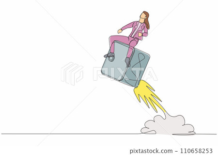 Continuous one line drawing businesswoman riding safe deposit box rocket flying in sky. Keeping money in bank, protecting savings in safe. Secure finance. Single line draw design vector illustration Continuous one line drawing businesswoman riding safe deposit box rocket flying in sky. Keeping money in bank, protecting savings in safe. Secure finance. Single line draw design vector illustration 110658253