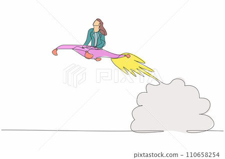 Single one line drawing businesswoman riding magic carpet rocket flying in the sky. Launch new textile business. Acceleration or increase sales growth. Continuous line draw design vector illustration Single one line drawing businesswoman riding magic carpet rocket flying in the sky. Launch new textile business. Acceleration or increase sales growth. Continuous line draw design vector illustration 110658254