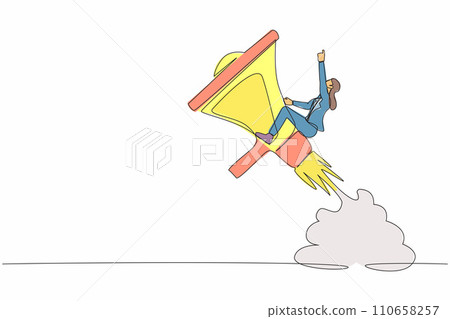 Continuous one line drawing businesswoman riding megaphone rocket flying in the sky. Storytelling with precise message. Soft skill to communicate. Single line draw design vector graphic illustration Continuous one line drawing businesswoman riding megaphone rocket flying in the sky. Storytelling with precise message. Soft skill to communicate. Single line draw design vector graphic illustration 110658257
