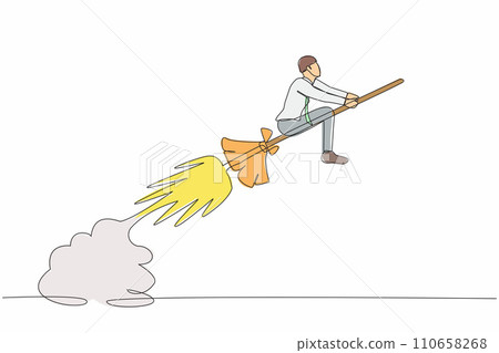 Single continuous line drawing businessman riding broom rocket flying in the sky. Miraculous startup business launch. Unique products offered in market competition. One line design vector illustration Single continuous line drawing businessman riding broom rocket flying in the sky. Miraculous startup business launch. Unique products offered in market competition. One line design vector illustration 110658268