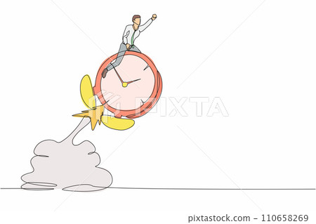 Single one line drawing businessman riding alarm clock rocket flying in the sky. Time management, manage to finish project with deadline, productivity. Continuous line draw design vector illustration Single one line drawing businessman riding alarm clock rocket flying in the sky. Time management, manage to finish project with deadline, productivity. Continuous line draw design vector illustration 110658269