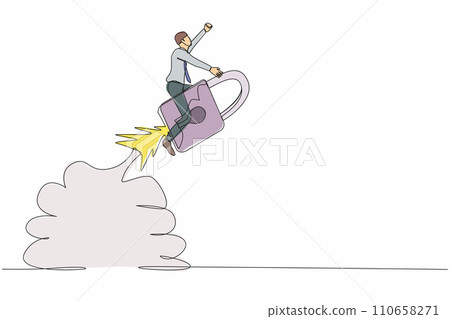 Single one line drawing of businessman riding padlock rocket flying in the sky. Improve startup business security. Keeping financial value high. Continuous line draw design graphic vector illustration Single one line drawing of businessman riding padlock rocket flying in the sky. Improve startup business security. Keeping financial value high. Continuous line draw design graphic vector illustration 110658271