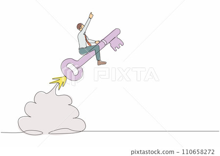 Single continuous line drawing businessman riding key rocket flying in the sky. Discover key success, unlock secret creativity to achieve business target. One line graphic design vector illustration Single continuous line drawing businessman riding key rocket flying in the sky. Discover key success, unlock secret creativity to achieve business target. One line graphic design vector illustration 110658272