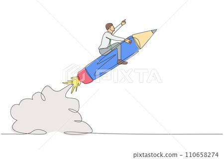 Continuous one line drawing businessman riding pencil rocket flying in the sky. Pencil rocket as education, creativity, imagination or creative freedom. Single line graphic design vector illustration Continuous one line drawing businessman riding pencil rocket flying in the sky. Pencil rocket as education, creativity, imagination or creative freedom. Single line graphic design vector illustration 110658274