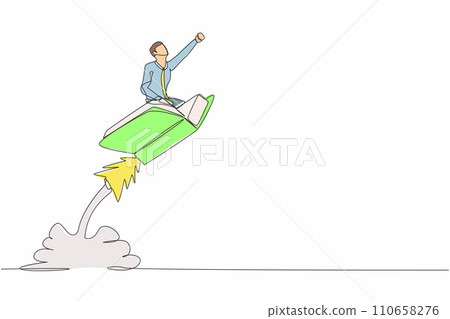 Single continuous line drawing businessman riding book rocket flying in the sky. Increase interest in reading smart students. Bookstore, education concept. One line graphic design vector illustration Single continuous line drawing businessman riding book rocket flying in the sky. Increase interest in reading smart students. Bookstore, education concept. One line graphic design vector illustration 110658276