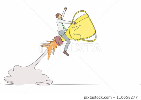 Single one line drawing businessman riding trophy rocket flying in the sky. Improve business ability to win competition. Achievement goals concept. Continuous line design graphic vector illustration Single one line drawing businessman riding trophy rocket flying in the sky. Improve business ability to win competition. Achievement goals concept. Continuous line design graphic vector illustration 110658277