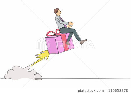 Single one line drawing businessman riding gift box rocket flying in the sky. Fast shipping or delivery concept. Cardboard box for moving and packaging. Continuous line draw design vector illustration Single one line drawing businessman riding gift box rocket flying in the sky. Fast shipping or delivery concept. Cardboard box for moving and packaging. Continuous line draw design vector illustration 110658278