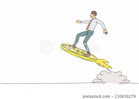 Single continuous line drawing businessman riding dollar coin rocket flying in the sky. Financial boost concept, business opportunity to success with competitors. One line design vector illustration Single continuous line drawing businessman riding dollar coin rocket flying in the sky. Financial boost concept, business opportunity to success with competitors. One line design vector illustration 110658279