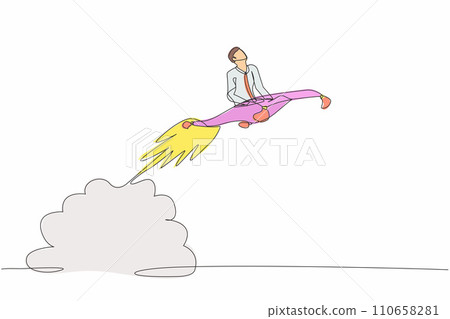 Single continuous line drawing businessman riding magic carpet rocket flying in the sky. Startup business acceleration concept. Increase sales growth. One line draw graphic design vector illustration Single continuous line drawing businessman riding magic carpet rocket flying in the sky. Startup business acceleration concept. Increase sales growth. One line draw graphic design vector illustration 110658281