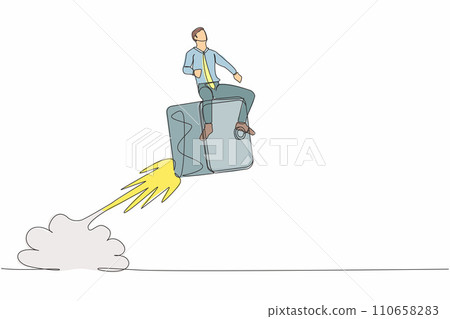 Continuous one line drawing businessman riding safe deposit box rocket flying in the sky. Cash protection concept, time is money, safe deposit, savings. Single line design vector graphic illustration Continuous one line drawing businessman riding safe deposit box rocket flying in the sky. Cash protection concept, time is money, safe deposit, savings. Single line design vector graphic illustration 110658283