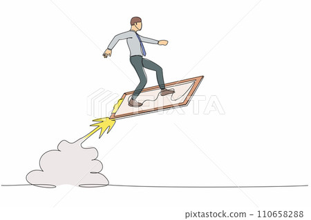 Continuous one line drawing businessman riding clipboard rocket flying in the sky. Analyze data at launch of new startup. Business contract concept. Single line draw design vector graphic illustration Continuous one line drawing businessman riding clipboard rocket flying in the sky. Analyze data at launch of new startup. Business contract concept. Single line draw design vector graphic illustration 110658288