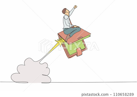 Single one line drawing businessman riding wallet rocket flying in the sky. Achievements in professional financial activities. Prosperous entrepreneur. Continuous line draw design vector illustration Single one line drawing businessman riding wallet rocket flying in the sky. Achievements in professional financial activities. Prosperous entrepreneur. Continuous line draw design vector illustration 110658289