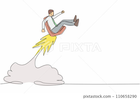 Single one line drawing of businessman riding office chair rocket flying in the sky. Boost your career development, job promoted to higher position. Continuous line design graphic vector illustration Single one line drawing of businessman riding office chair rocket flying in the sky. Boost your career development, job promoted to higher position. Continuous line design graphic vector illustration 110658290
