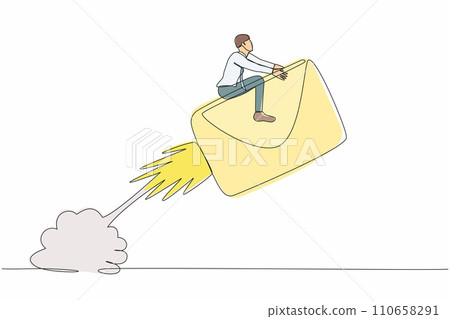 Continuous one line drawing businessman riding paper envelope rocket flying in the sky. Launch project. Social media, news, email, web development concept. Single line draw design vector illustration 110658291