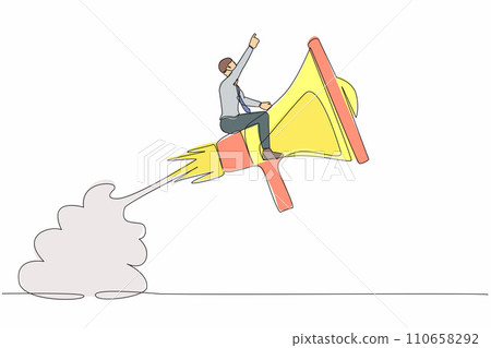Single continuous line drawing businessman riding megaphone rocket flying in the sky. Fast communication, business soft skill to communicate with team or customer. One line design vector illustration Single continuous line drawing businessman riding megaphone rocket flying in the sky. Fast communication, business soft skill to communicate with team or customer. One line design vector illustration 110658292
