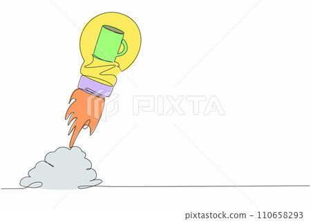 Continuous one line drawing of tea cup launching with light bulb. Rocket launch symbolizing an invigorating drink. Cafeteria or restaurant improvisation. Single line design vector graphic illustration Continuous one line drawing of tea cup launching with light bulb. Rocket launch symbolizing an invigorating drink. Cafeteria or restaurant improvisation. Single line design vector graphic illustration 110658293